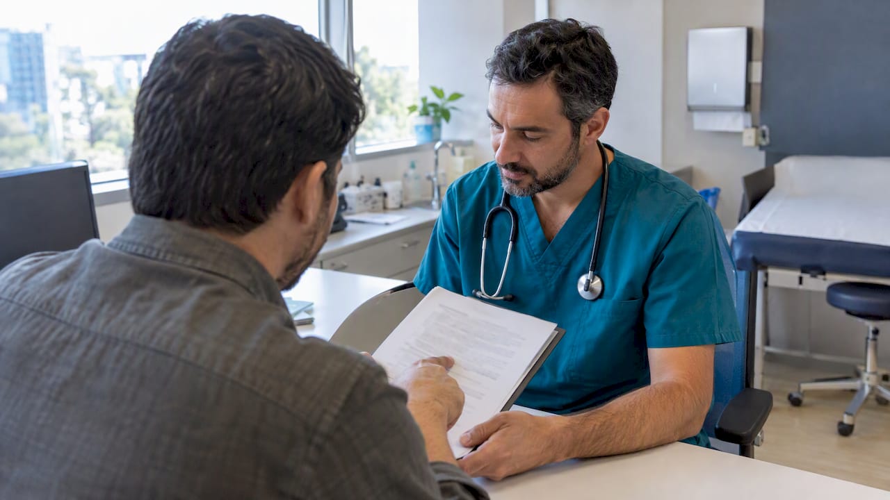 El paciente repasa su historial médico con el cirujano civil