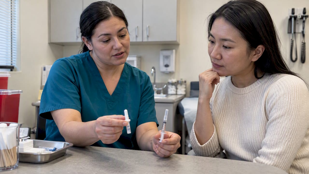 Patient comparing FluMist and flu shot options
