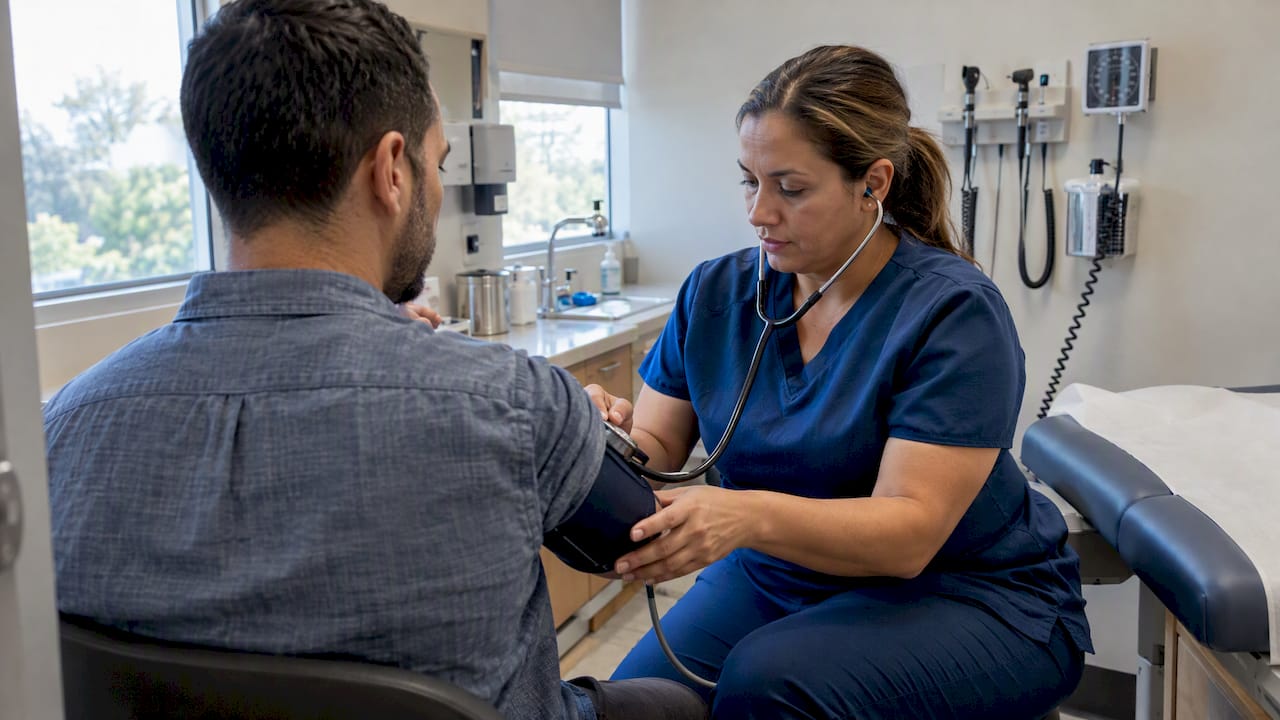 Civil surgeon checks an applicant’s blood pressure