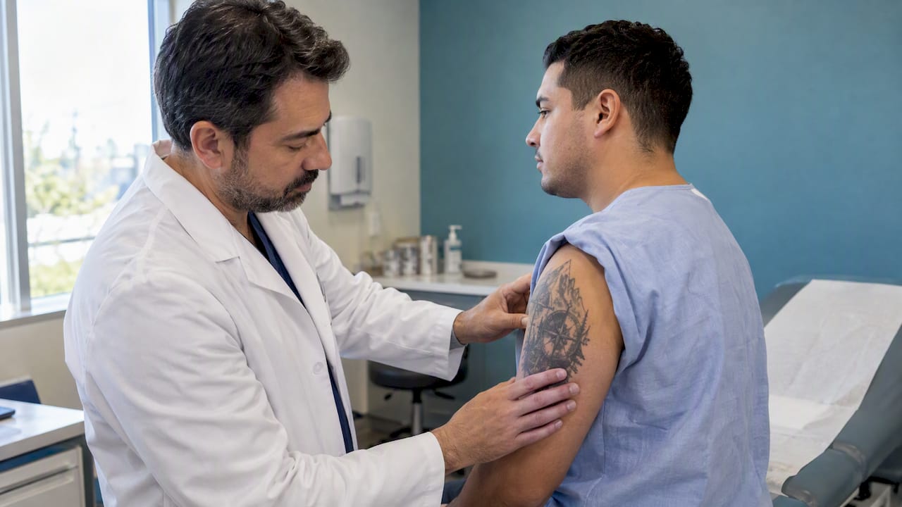 El médico civil revisa un tatuaje durante el examen I-693